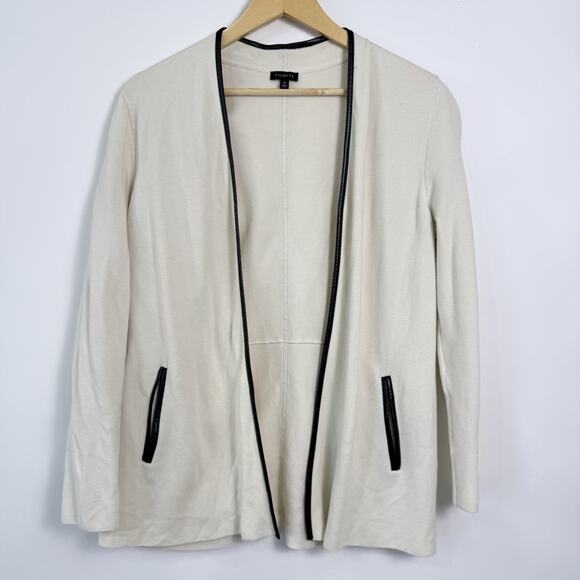 Talbots Open Front Cardigan Sweater‎ Size Medium Cream Faux Leather Black Trim - Picture 1 of 6